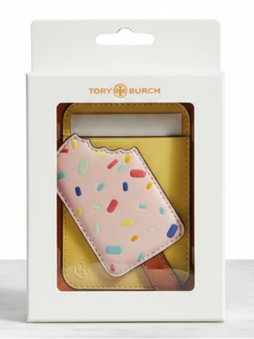 Tory Burch Card Holder yellow with pink ice cream and sprinkles NIB